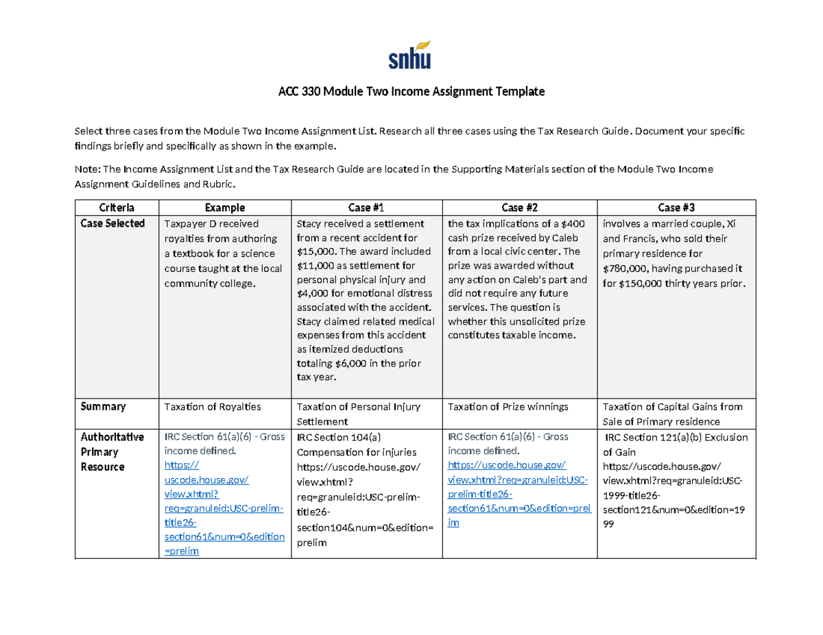 ACC 330 Module Two Income Assignment Case Analysis - Studocu