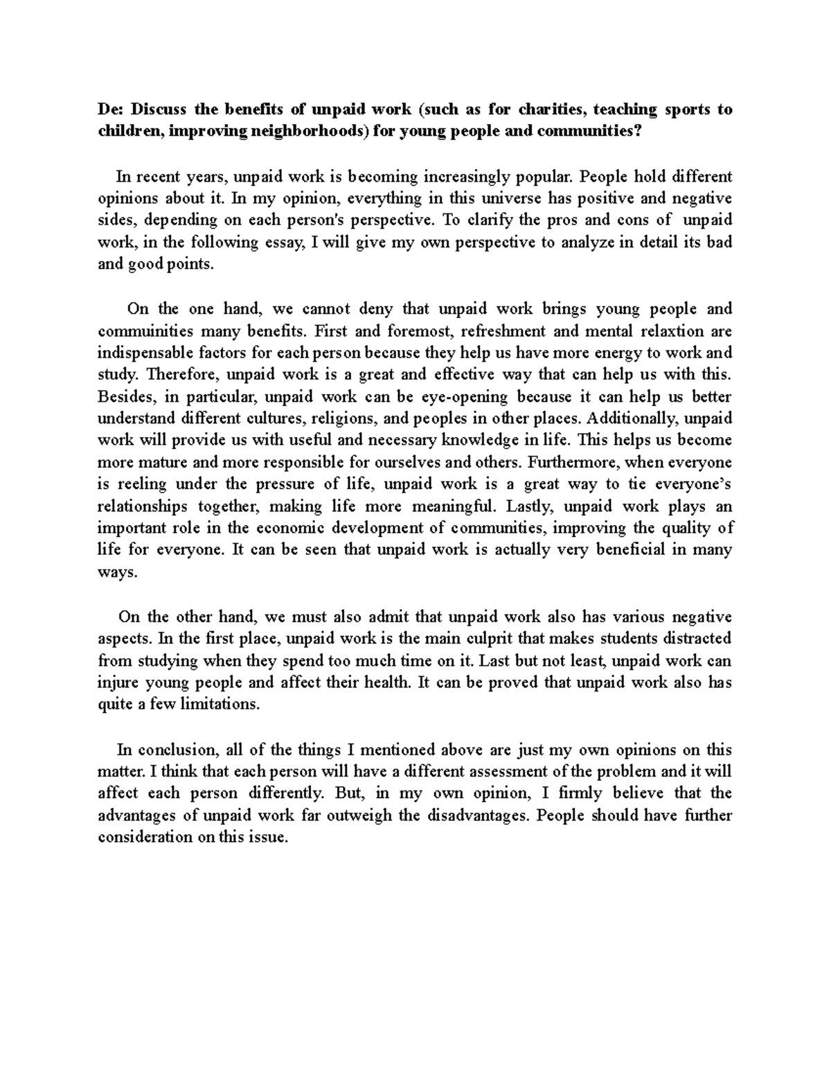 Benefits and Drawbacks of Unpaid Work for Youth and Communities - Studocu