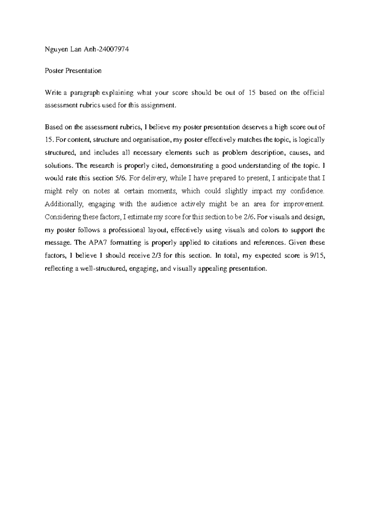 BAS-T125WSB-7 Poster Presentation Score Assessment and Reflection - Studocu