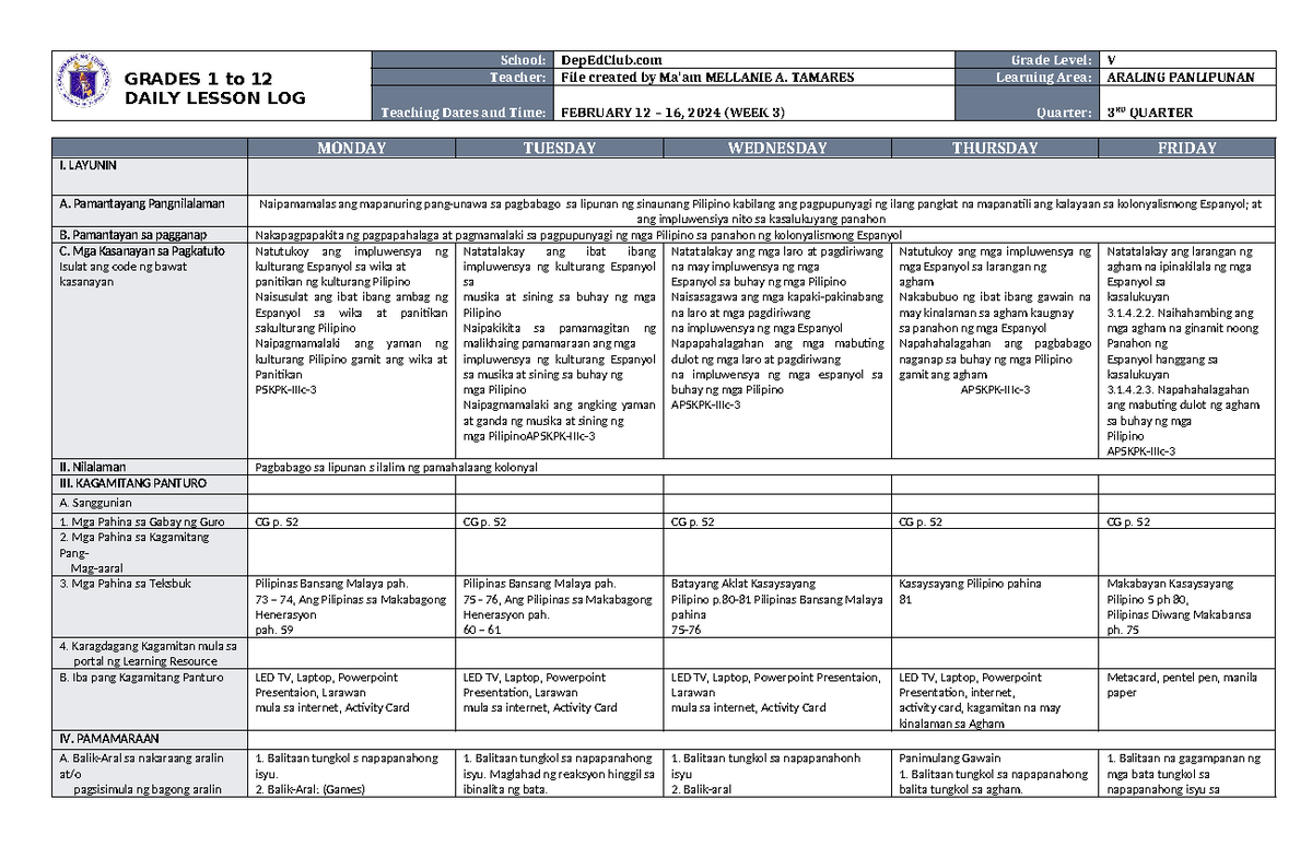 DLL Araling Panlipunan 5 Q3 W3 - GRADES 1 to 12 DAILY LESSON LOG School ...