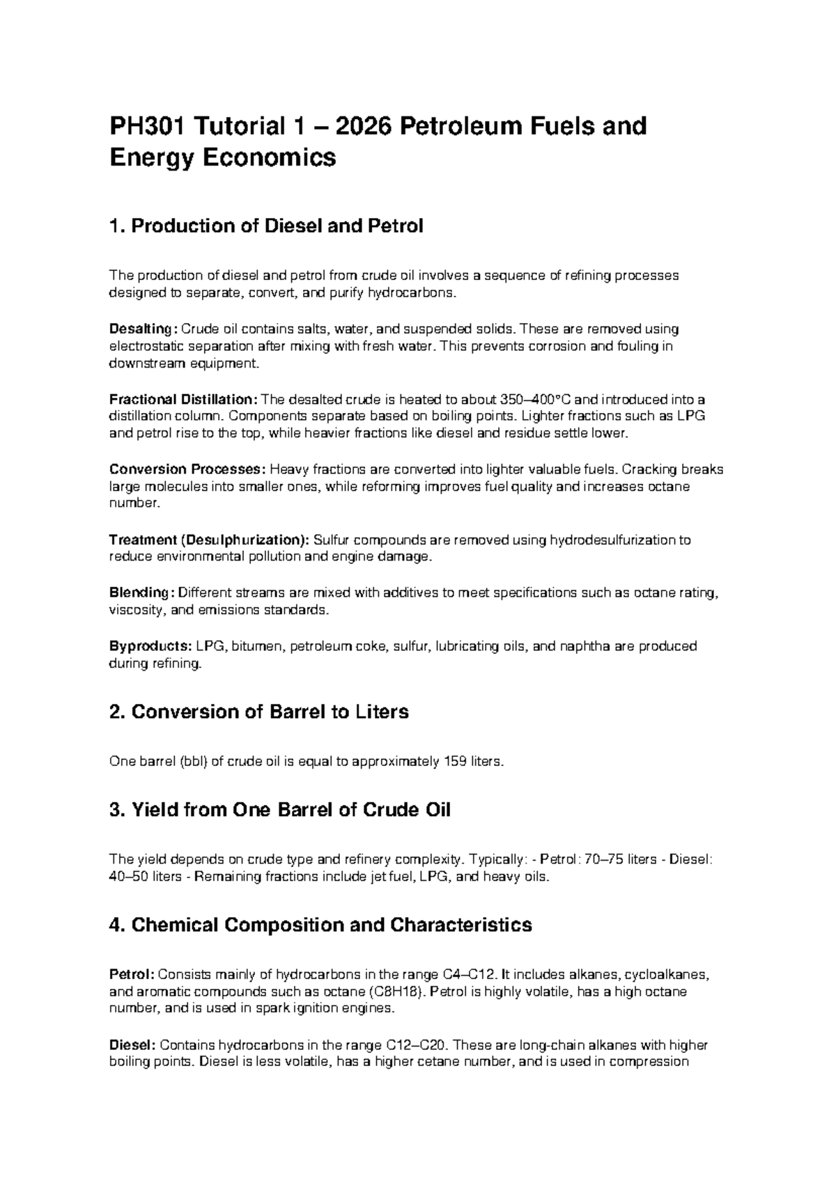 PH301 Tutorial 1 2026 - Production of Diesel and Petrol from Crude Oil ...