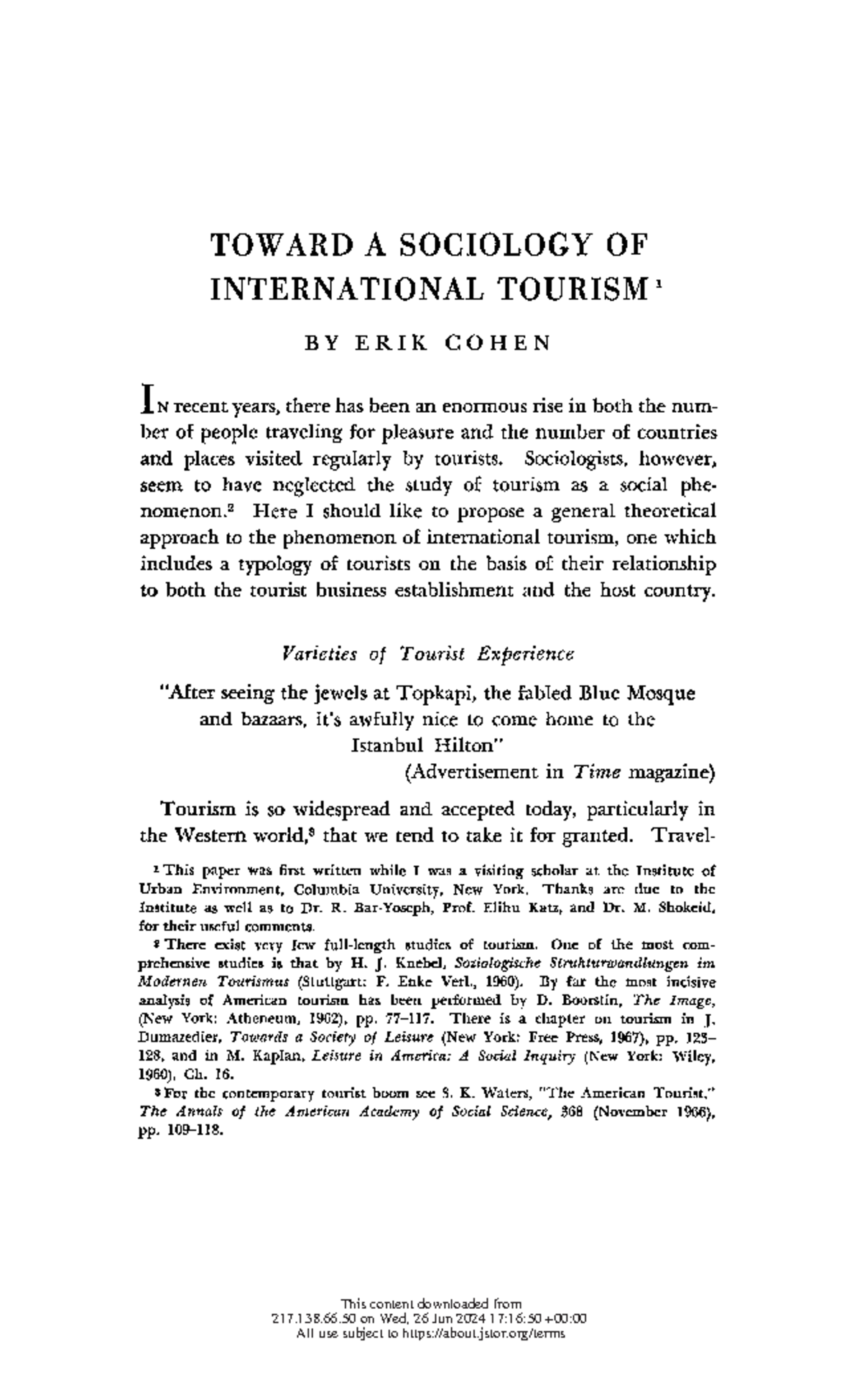 Cohen (1972) A Sociological Analysis of International Tourism - Studocu