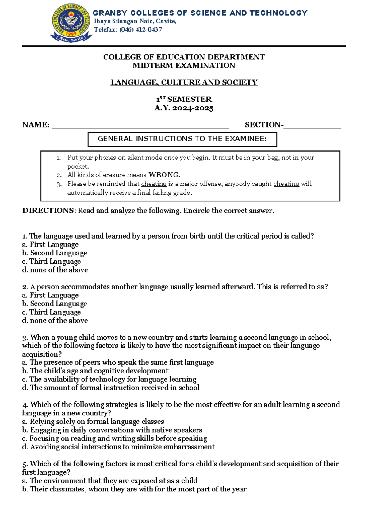 LCS 1ST SEMESTER MIDTERM EXAMINATION LONG QUIZ 1 - Studocu