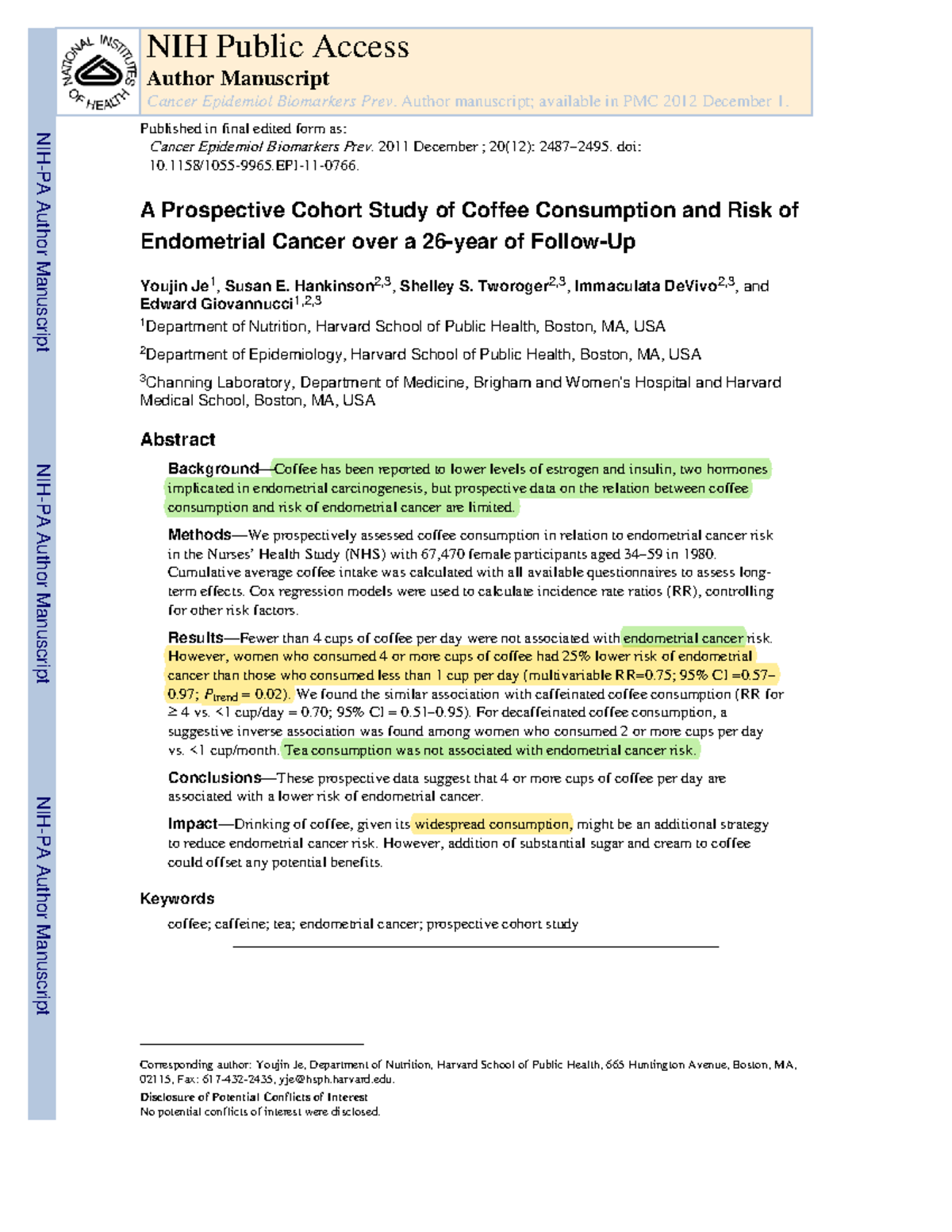 Cohort Study on Caffeine Intake and Endometrial Cancer Risk in NHS