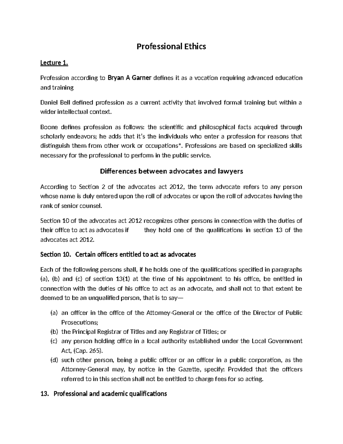 Professional Ethics Lecture Notes - KLAW 101 by Kennedy Mwangemi - Studocu