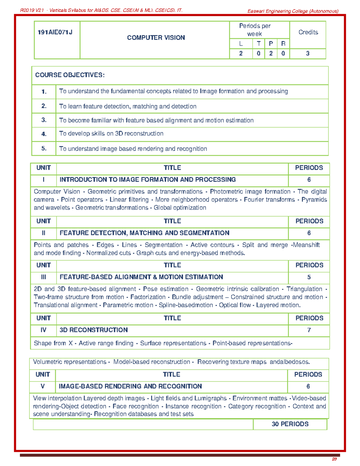B.E-CSE-R-19-V21 191AIE071J Computer Vision Syllabus Overview - Studocu