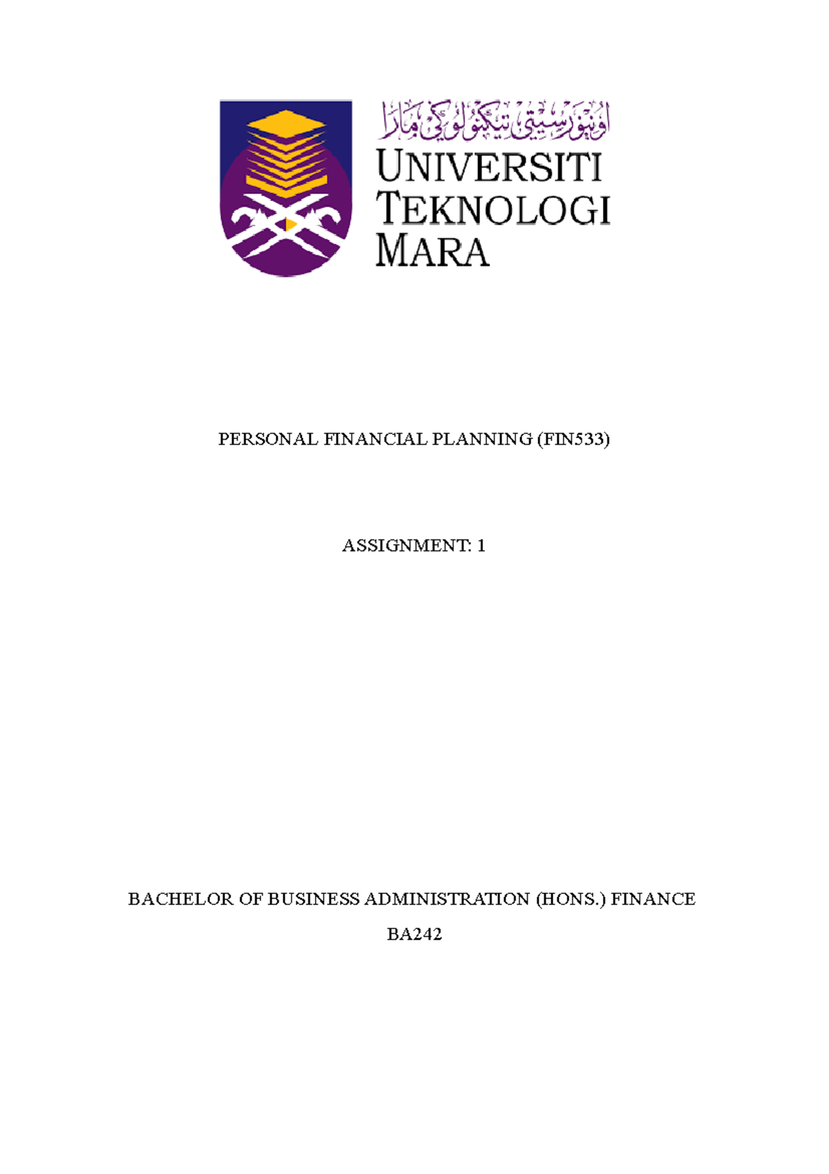 Assignment 1 fin533 080521 - PERSONAL FINANCIAL PLANNING (FIN533 ...