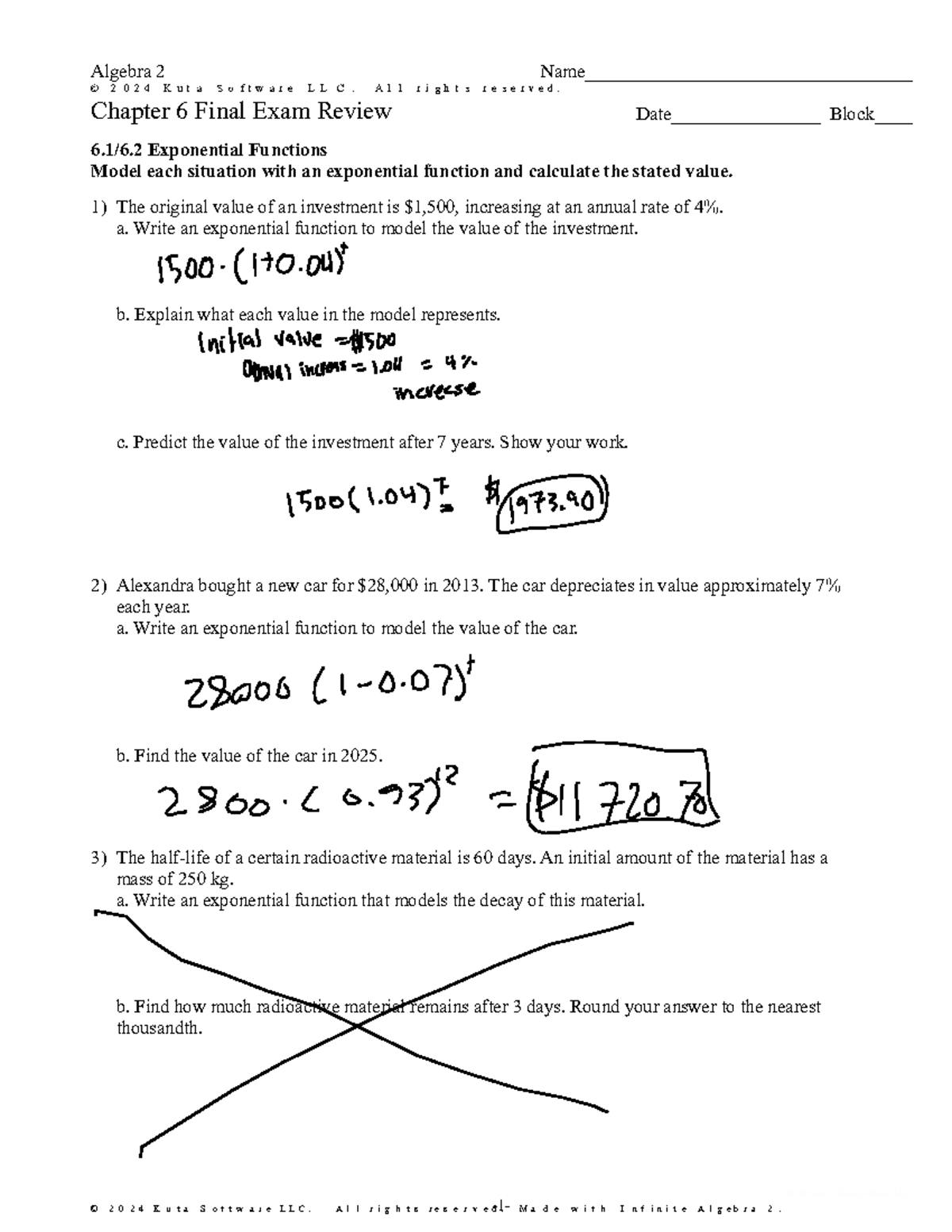Algebra 2 (J2S0U2) Chapter 6 Final Exam Review: Exponential Functions ...
