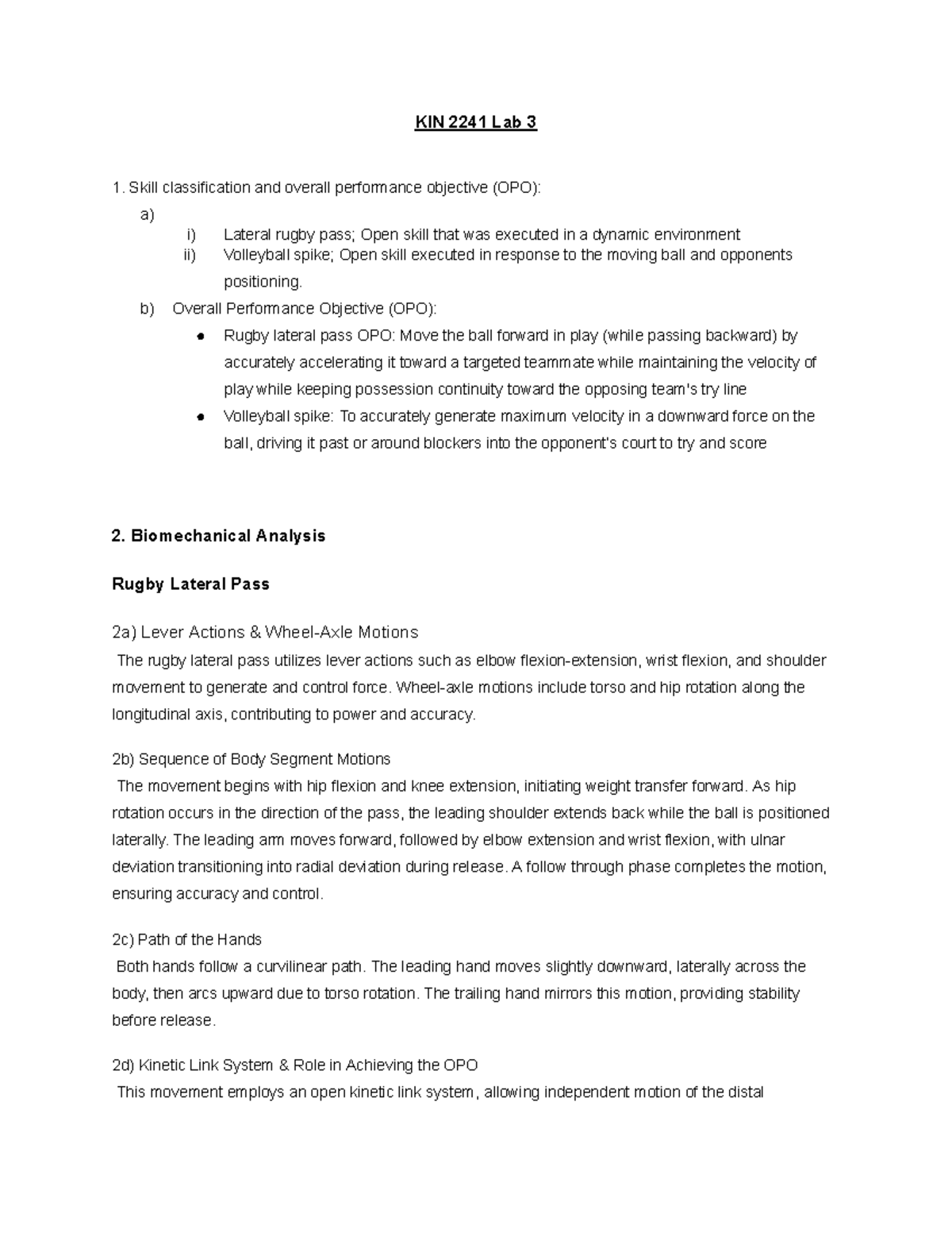 KIN 2241 Laboratory 3: Biomechanical Analysis of Rugby Pass ...