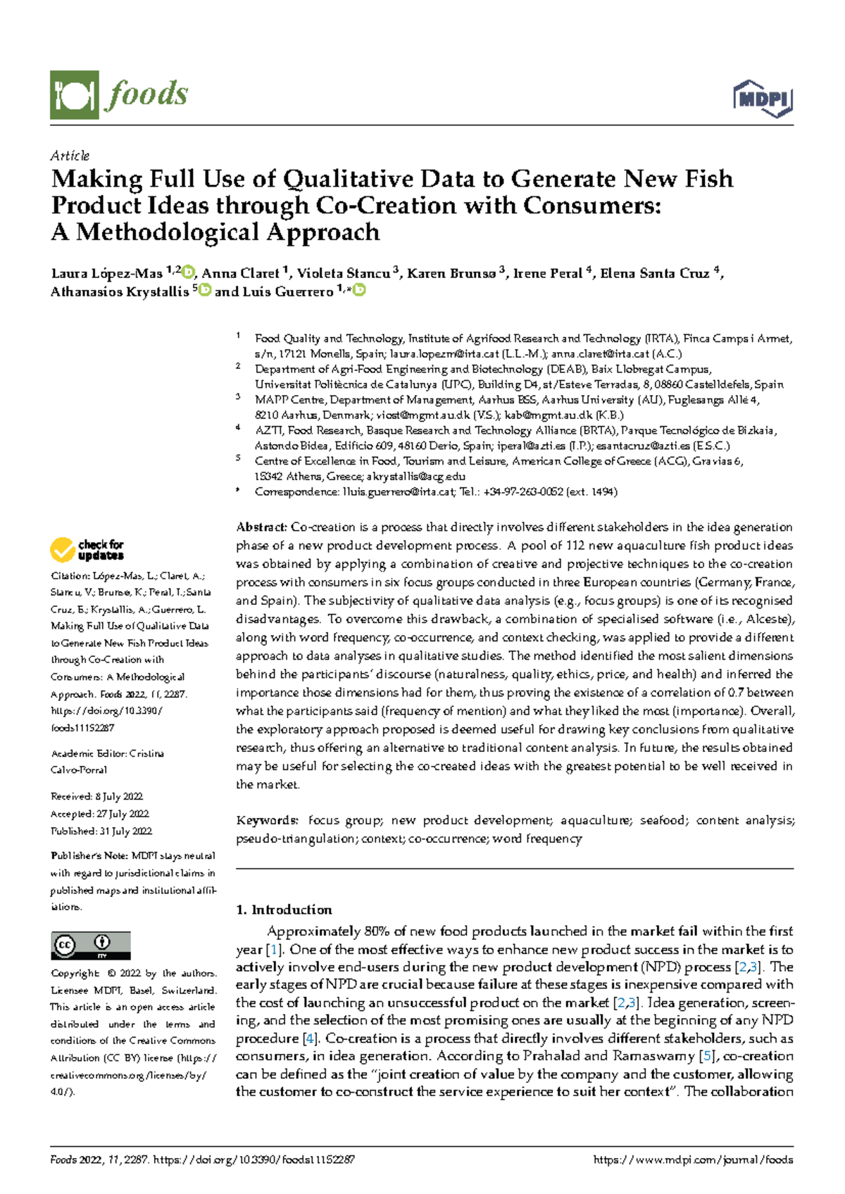 Foods 11: Methodological Approach to Generating New Fish Product Ideas ...