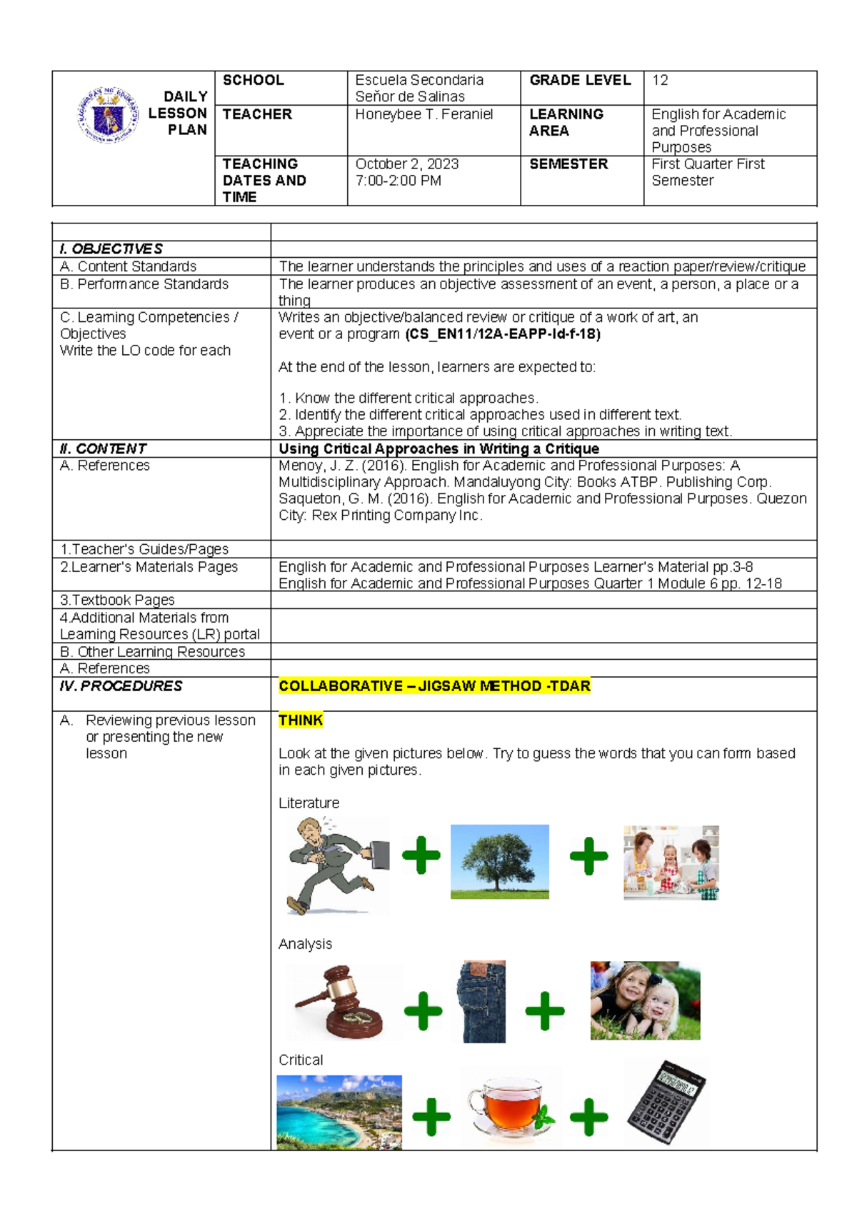 EAPP-DLP-Lesson Plan for Using Critical Approaches in Critique - Studocu