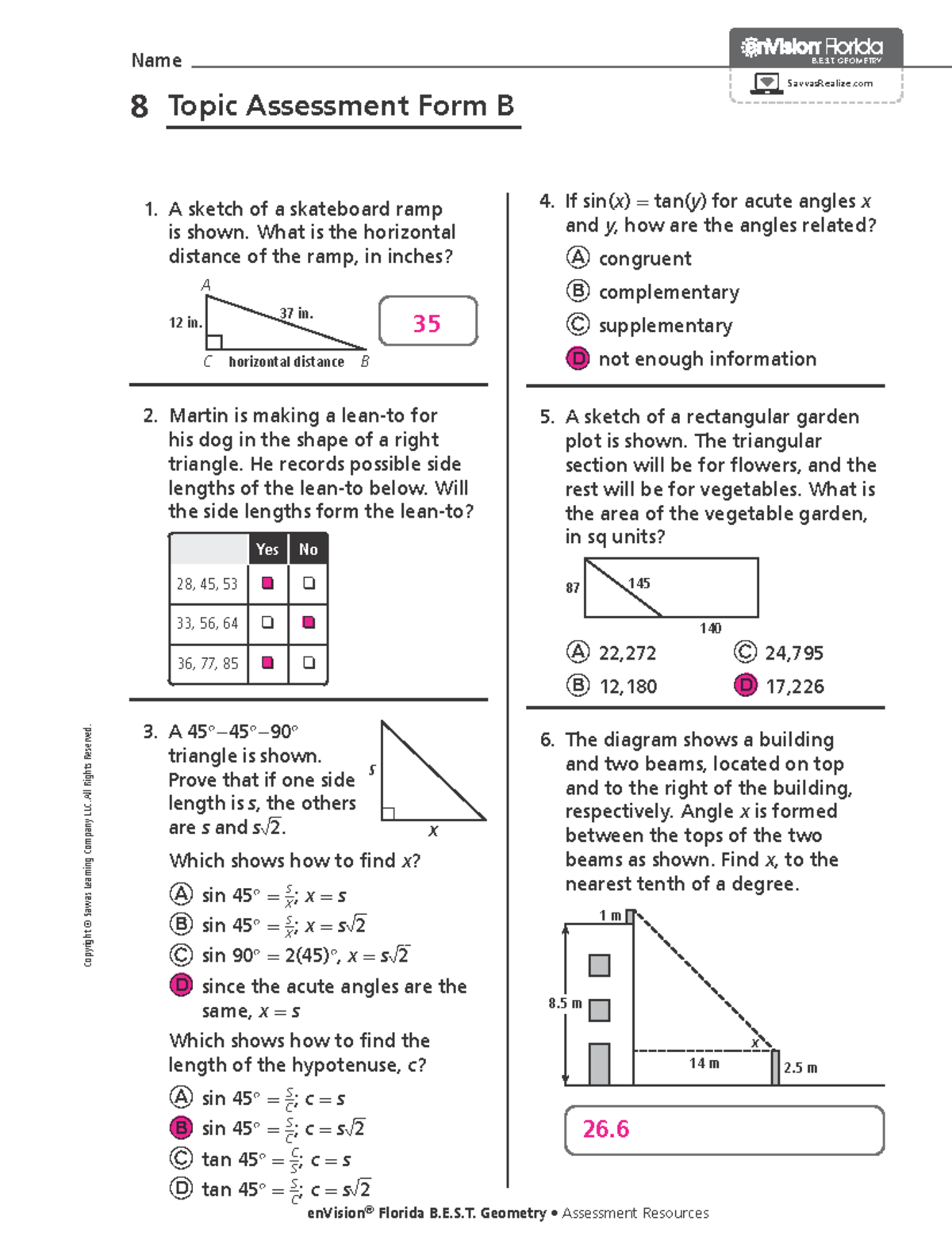 B.E.S.T. Geometry Topic 8 Assessment Form B Answer Key - Document Preview