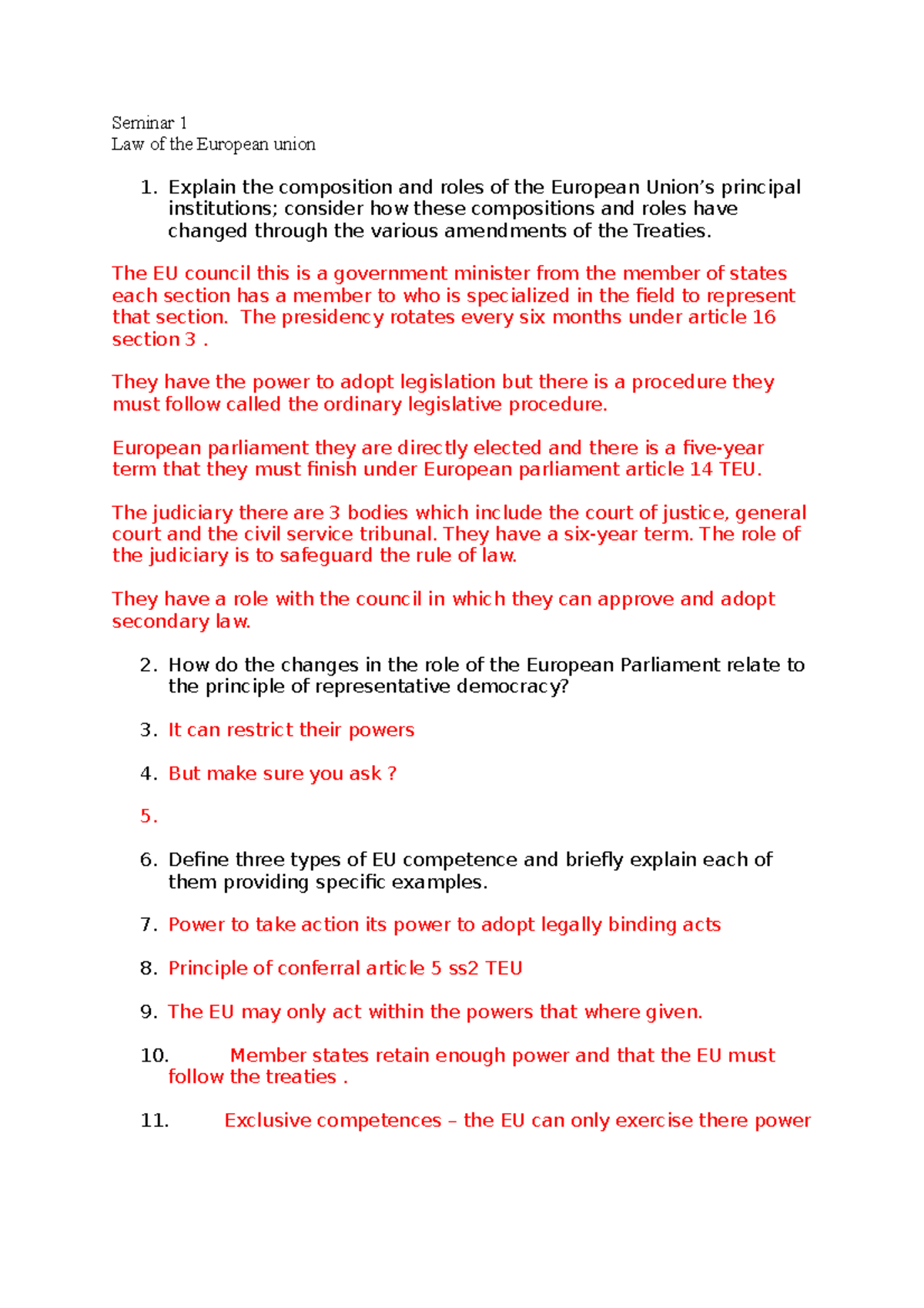 Seminar 1 - Seminar 1 Law of the European union Explain the composition ...