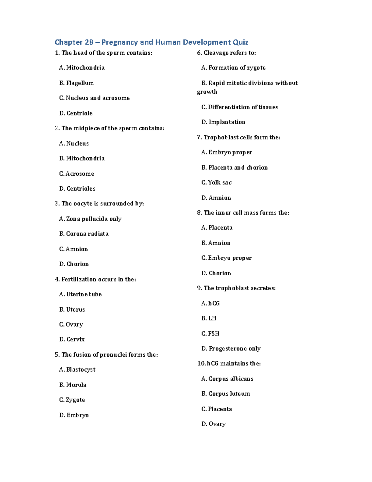 Ch28 Quiz: Pregnancy and Human Development Overview - Studocu