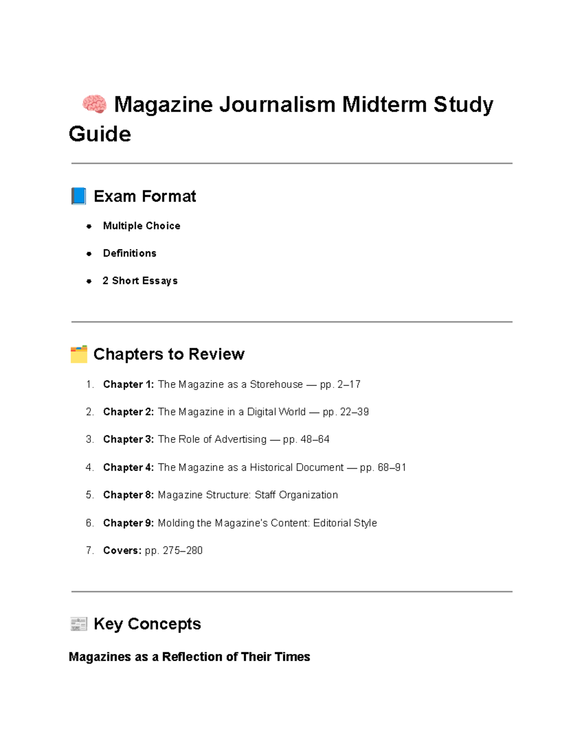 Magazine Journalism Midterm Study Guide (MJR 210): Key Concepts ...