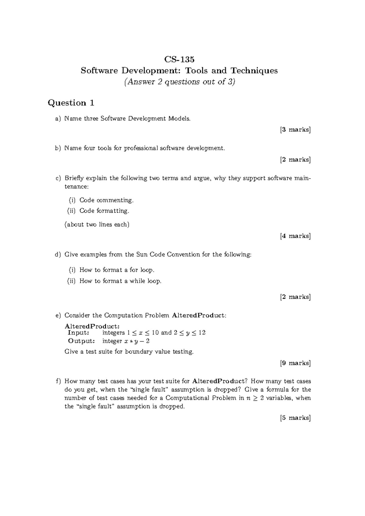 CS-135 Final Exam Paper Questions on Software Development Techniques ...