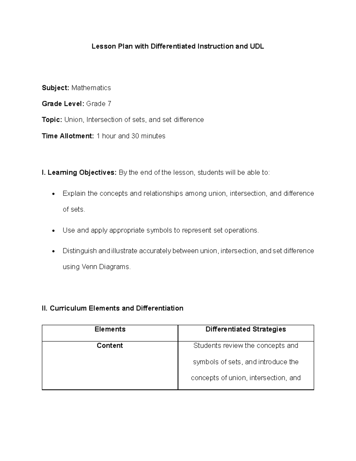 Mathematics Lesson Plan: Union, Intersection & Set Difference (Grade 7 ...