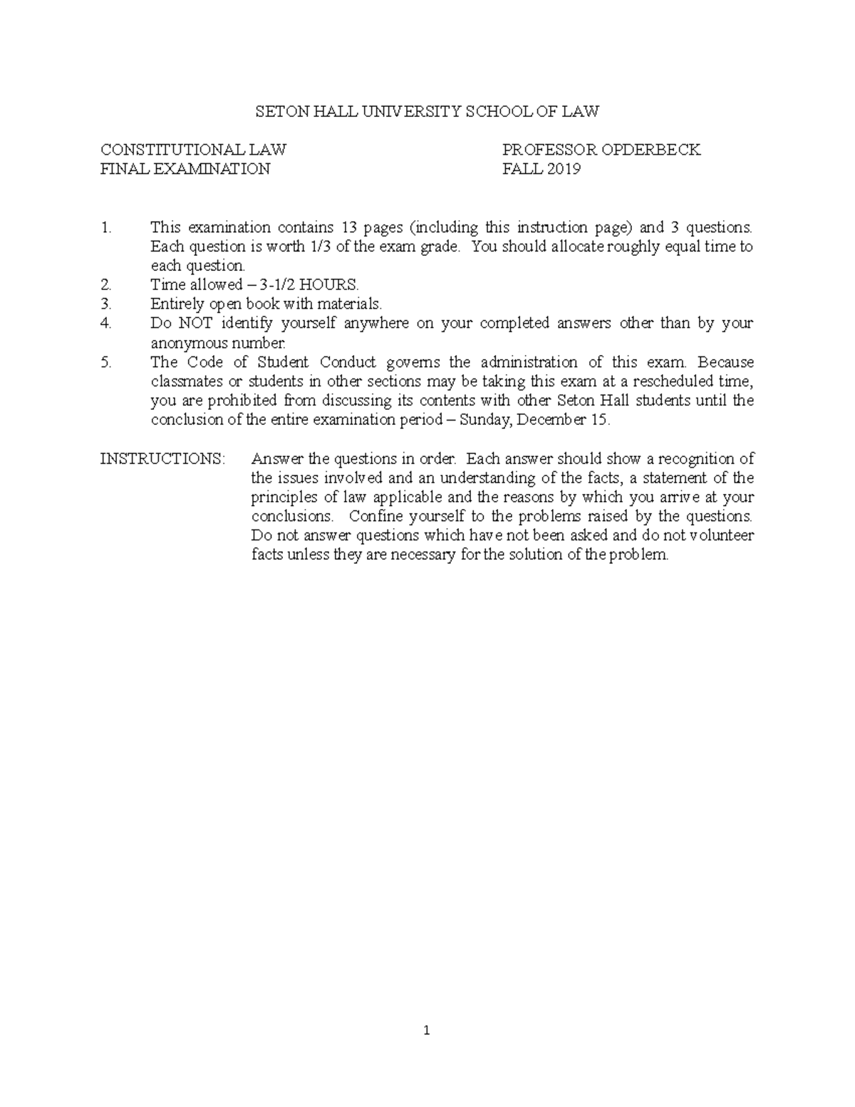 Constitutional Law Final Exam - Seton Hall University - Fall 2019 - Studocu