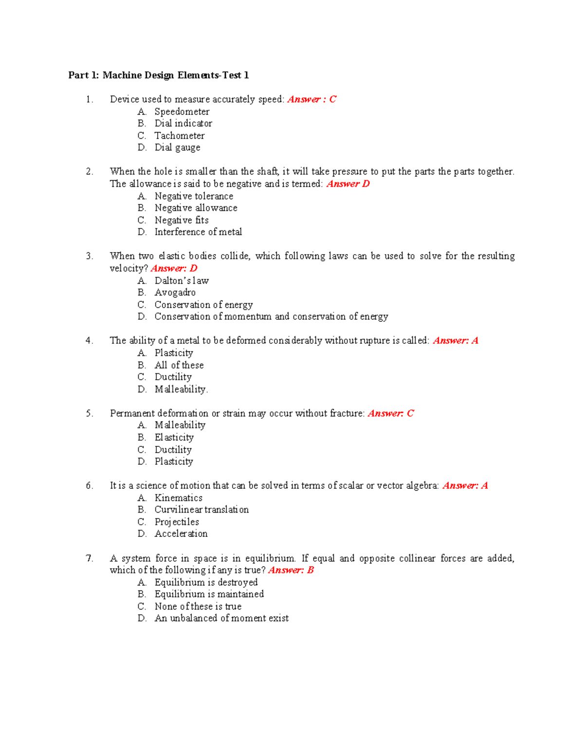 Machine Design Elements: Terms and Concepts - Test 1 - Studocu