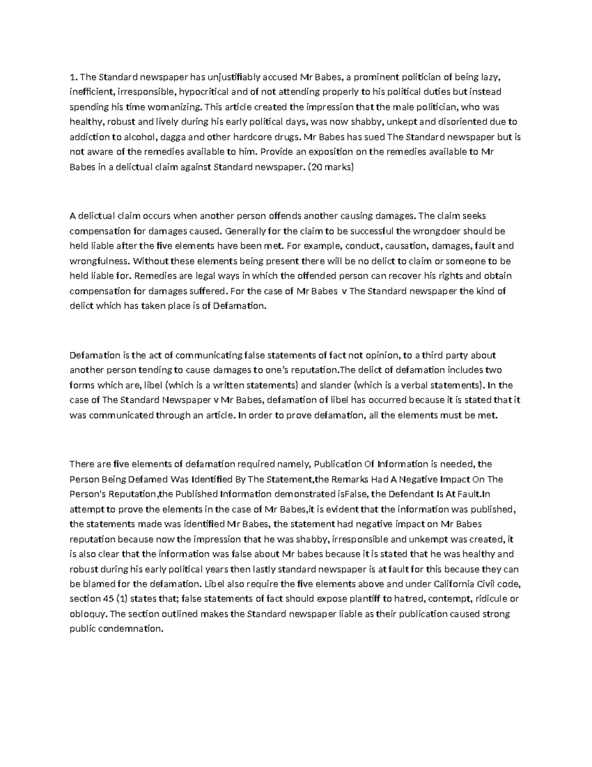 Law of Delict Exam Revision: Remedies for Defamation (Case Study) - Studocu
