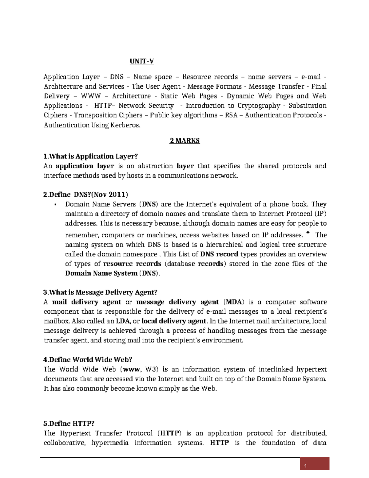 CN 5: Application Layer, DNS, Network Security & Cryptography Notes ...