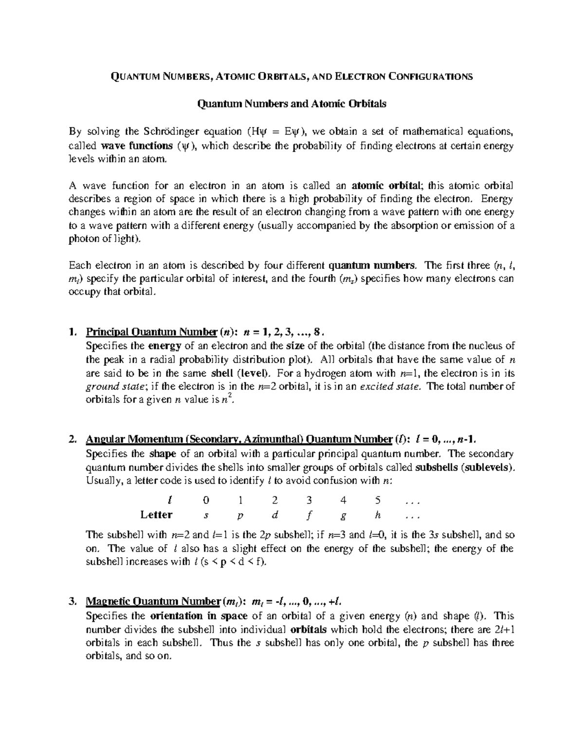 Quantum Numbers and Atomic Orbitals Overview in Chemistry - Studocu