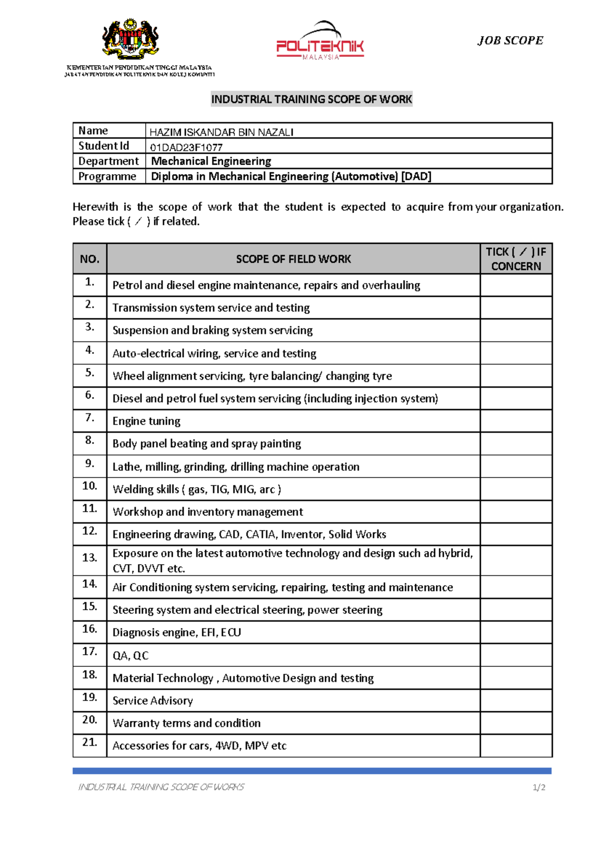 DAD Industrial Training Scope of Work - Mechanical Engineering - Studocu