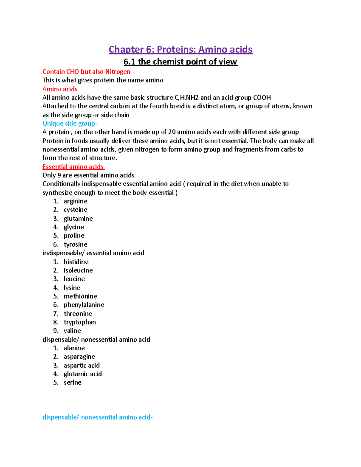 Midterm # 2 foods and nutritiron - Chapter 6: Proteins: Amino acids 6 ...