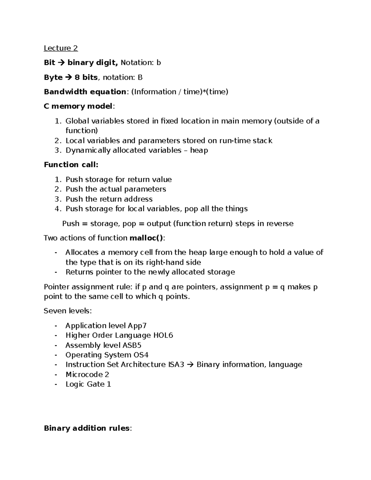 Lecture Notes IFT1215 - Binary Operations and Memory Management - Studocu