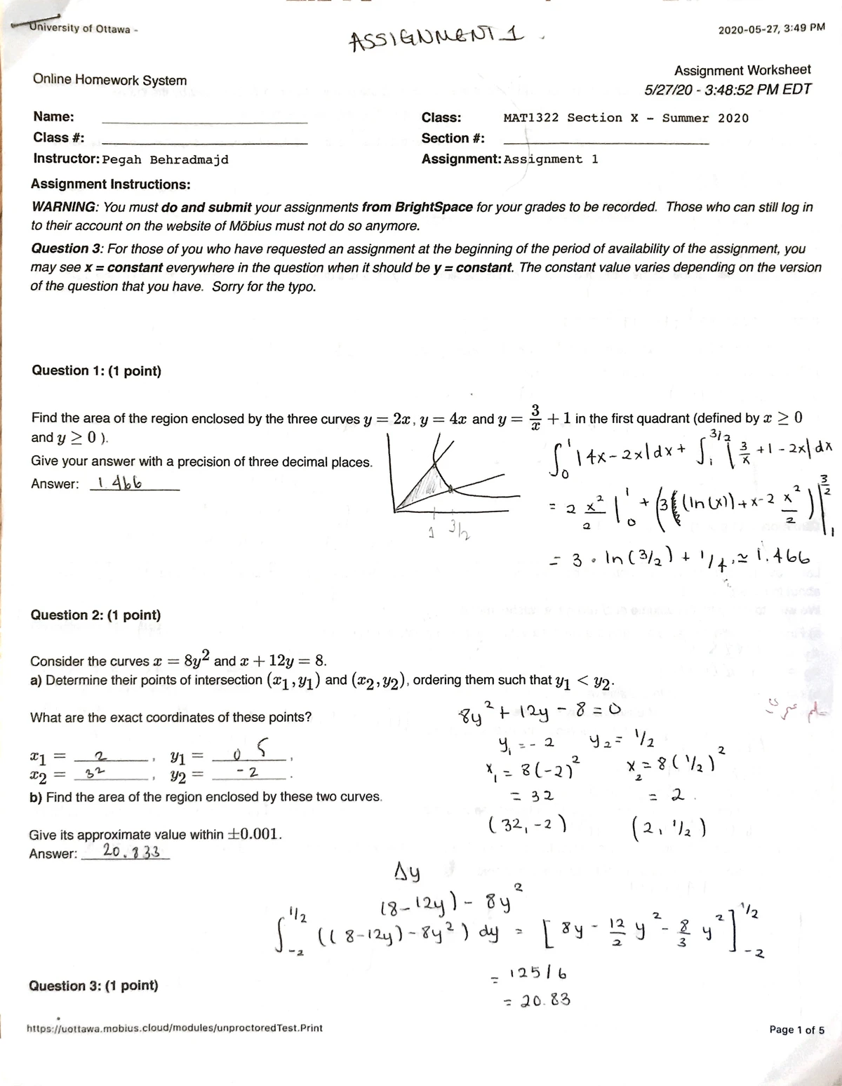 Cal 2 mobius 1 answer - MAT1322 - 2) Assignment Mobius 5 f(x) 2g(x) 55 ...