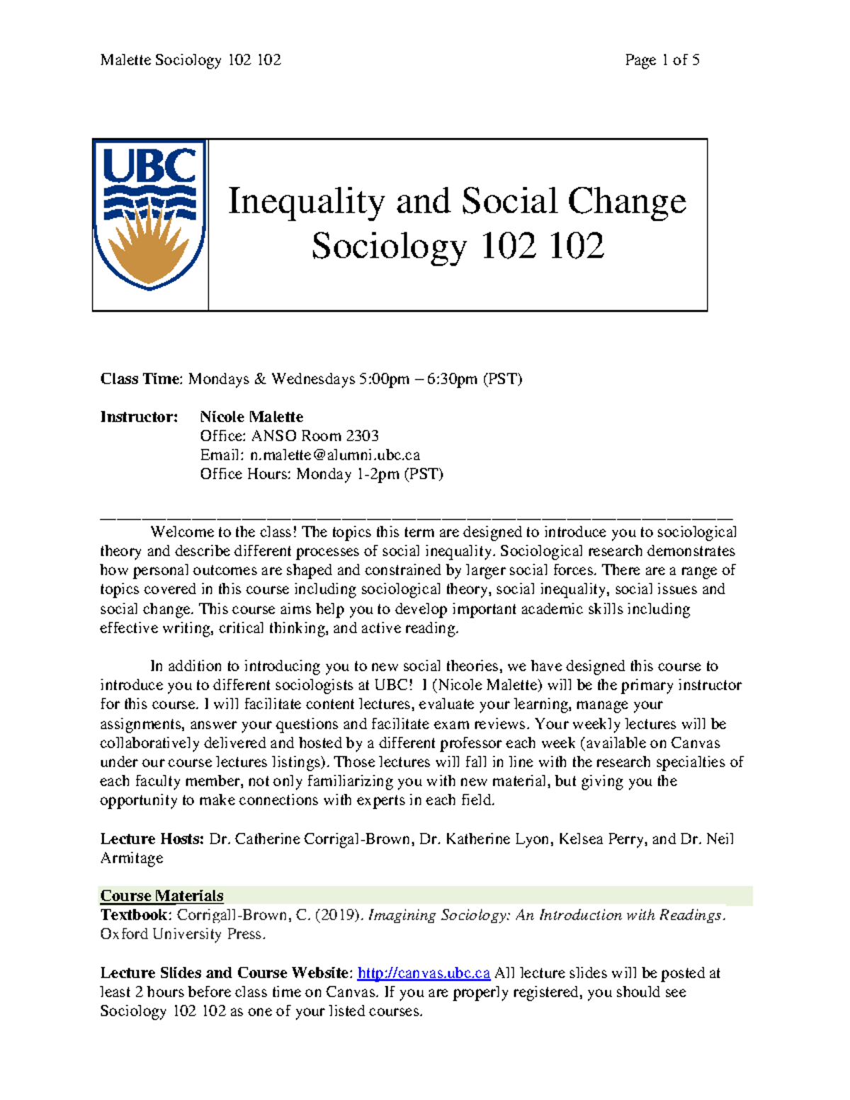 SOCI 102 Course Outline 2020 - Inequality and Social Change Sociology ...