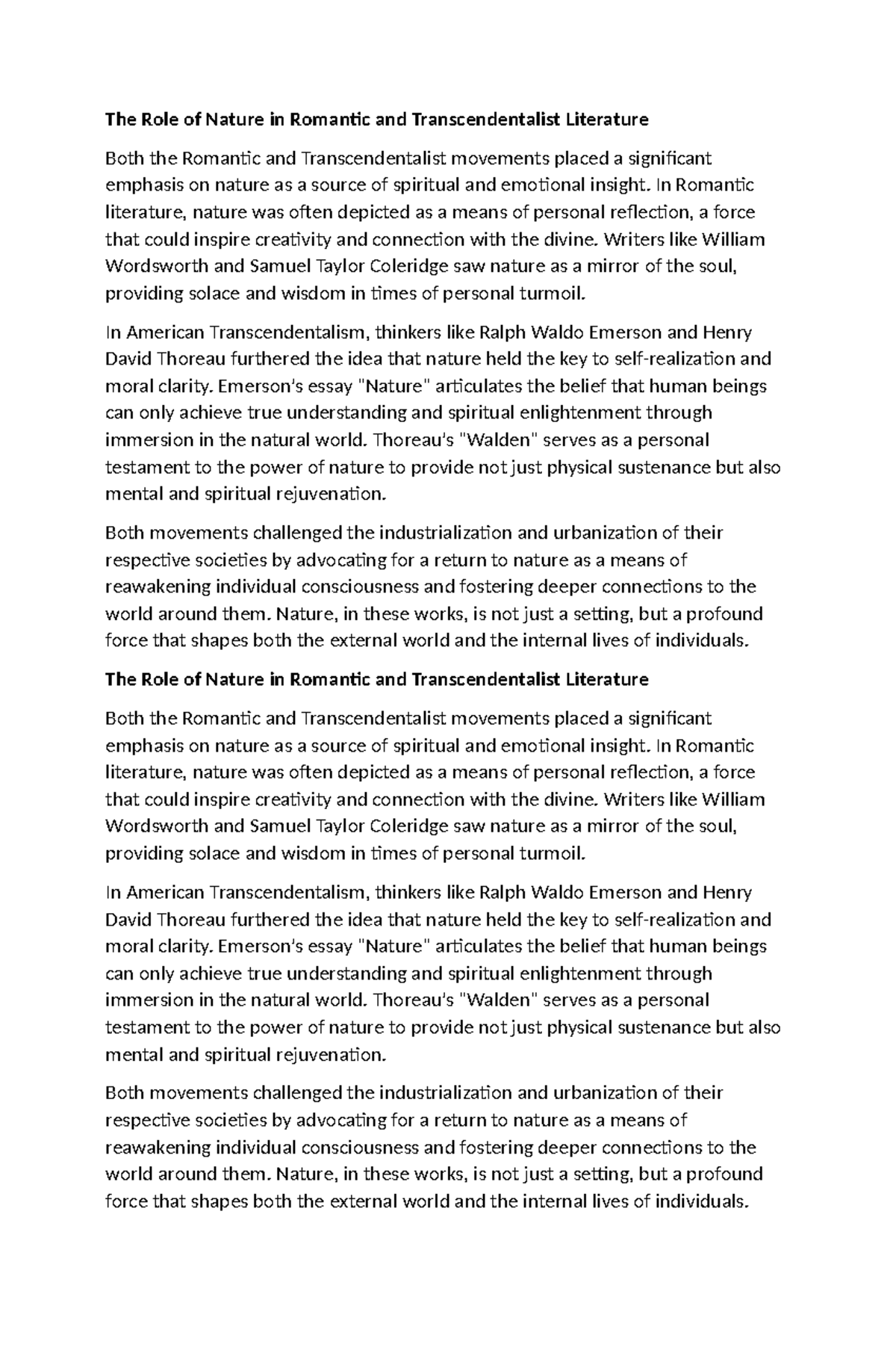 The Role of Nature in Romantic and Transcendentalist Literature - In ...