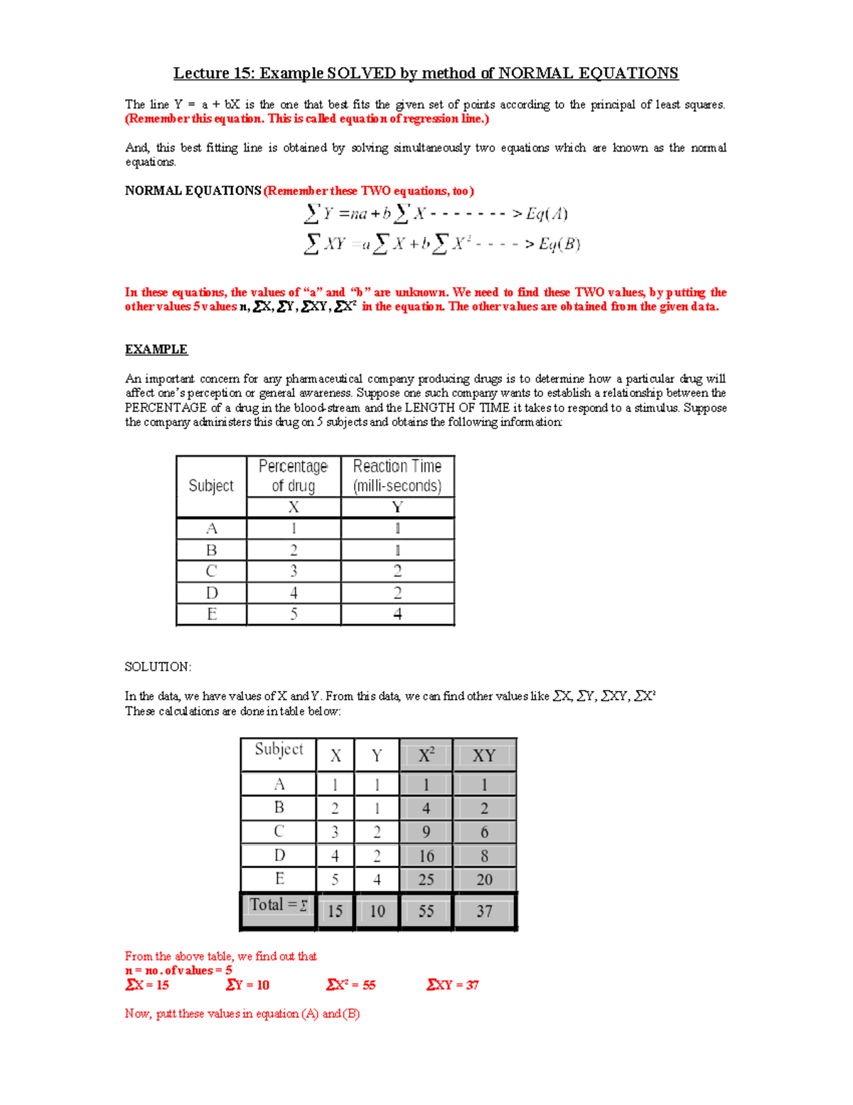 Lecture 15: Solved Example of Normal Equations in Regression - Studocu