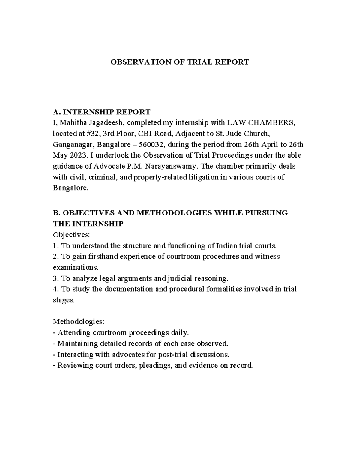 Observation of Trial Report: Civil & Criminal Cases (Internship) - Studocu