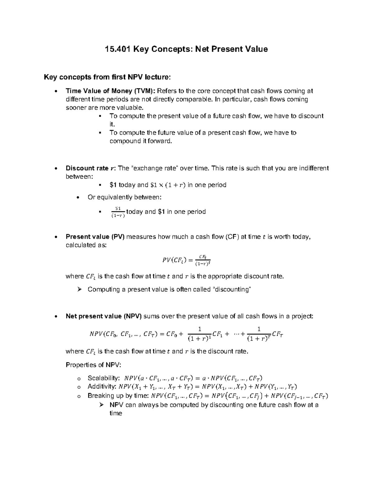 Key Concepts for 15.401: Understanding Net Present Value (NPV) - Studocu