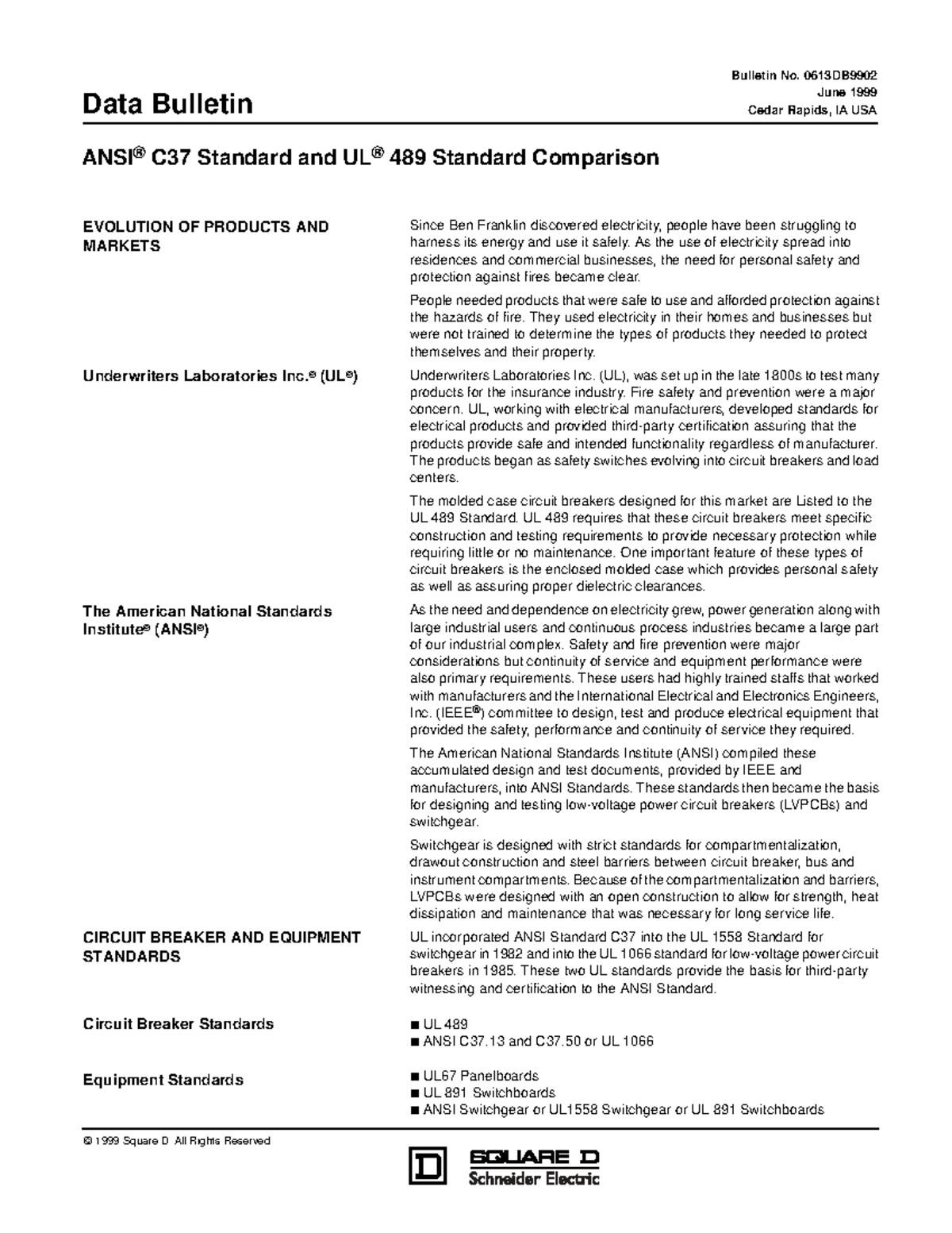 C37 & UL 489 Standard Comparison Data Bulletin No. 0613DB9902 - Studocu