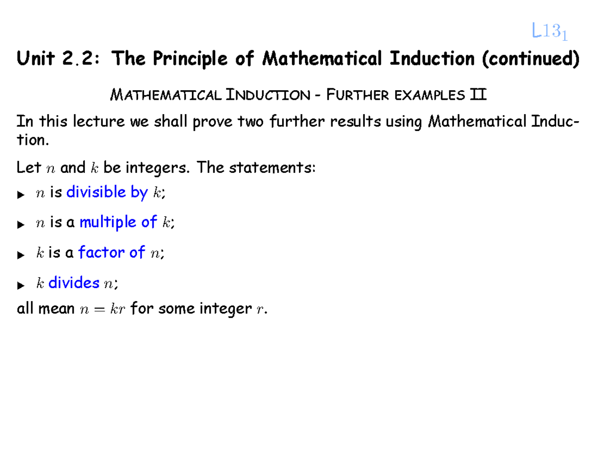 WTW115 Lecture 13 - Advanced Examples in Mathematical Induction - Studocu