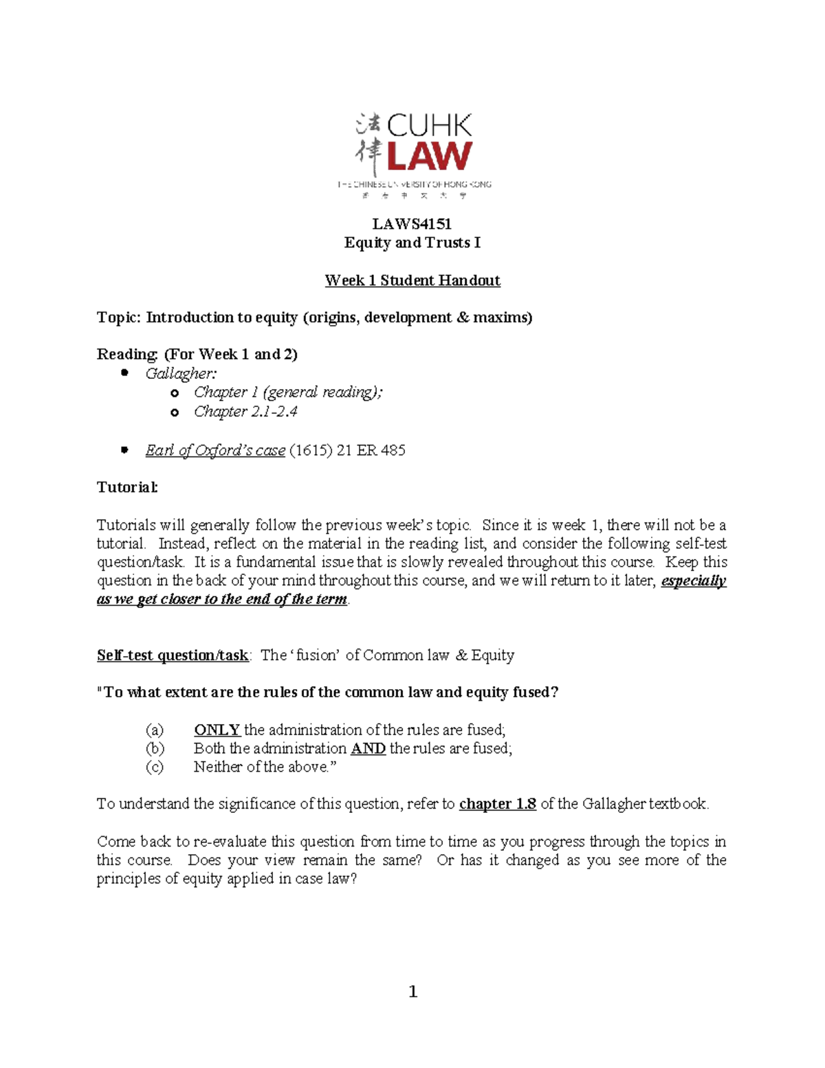 LAWS4151 Equity and Trusts I Week 1 Intro to Equity Concepts - Studocu