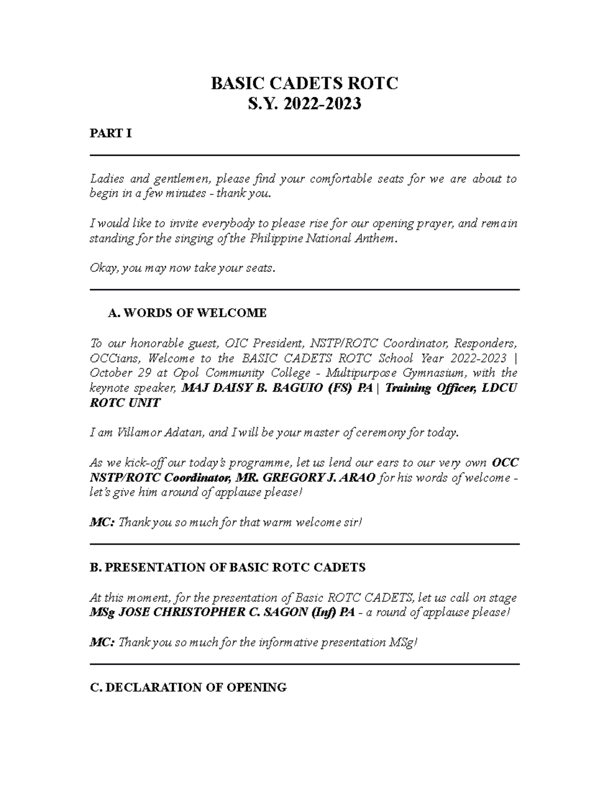 BASIC CADETS ROTC Emcee Script for S.Y. 2022-2023 Event - Studocu