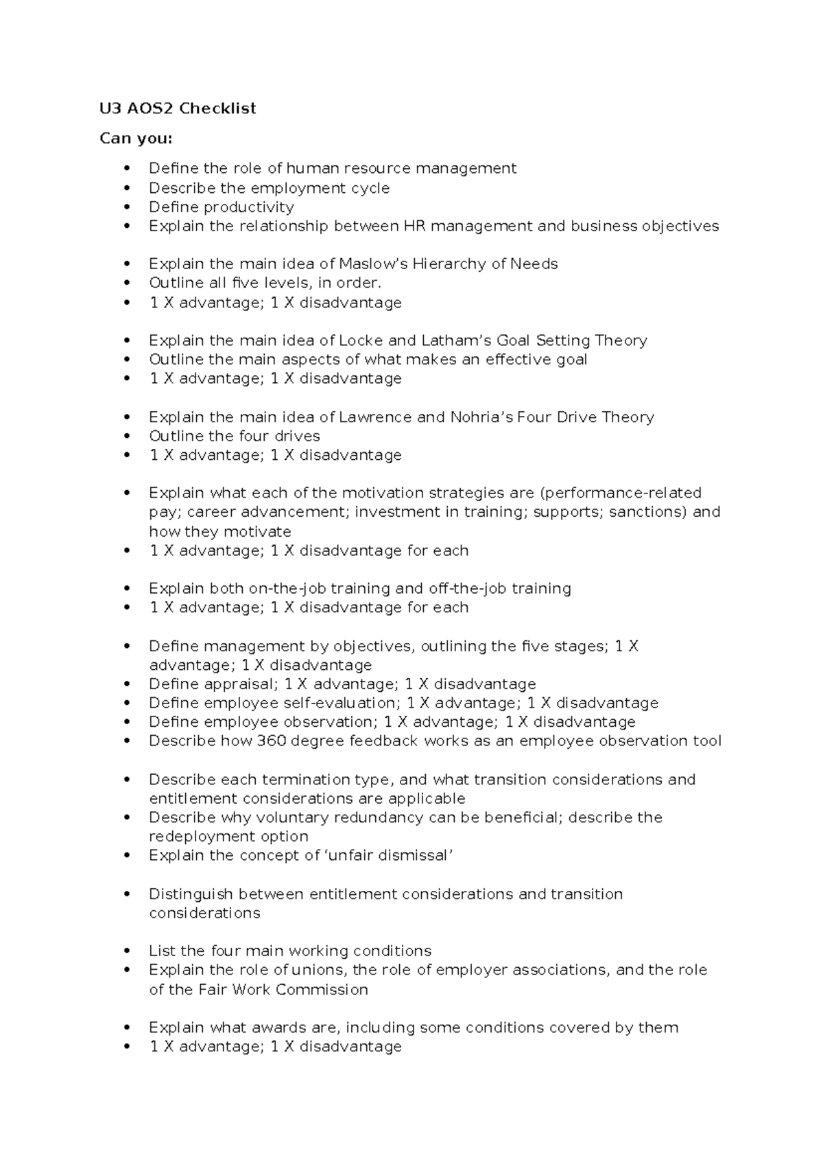 U3 AOS2 HR Management & Employment Cycle Checklist - Studocu