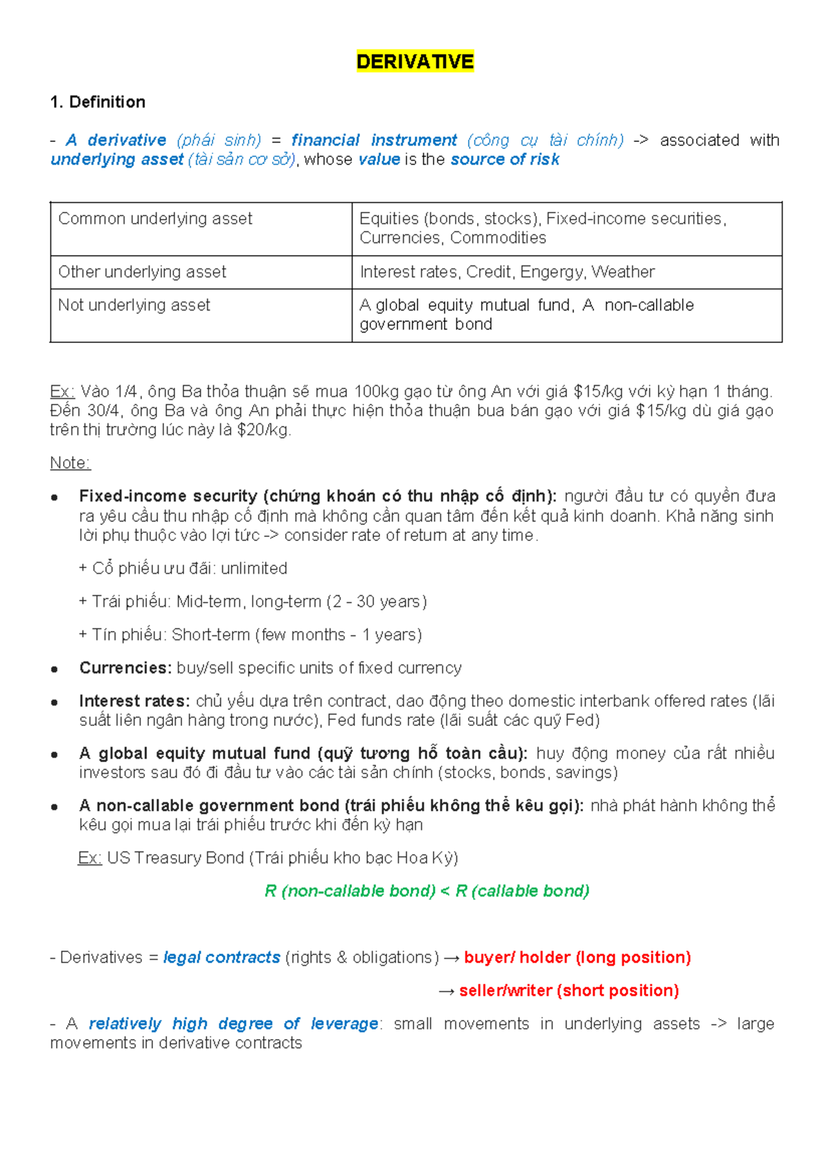 Midterm Review - Summary of Derivatives & Risk Management (FIN302 ...