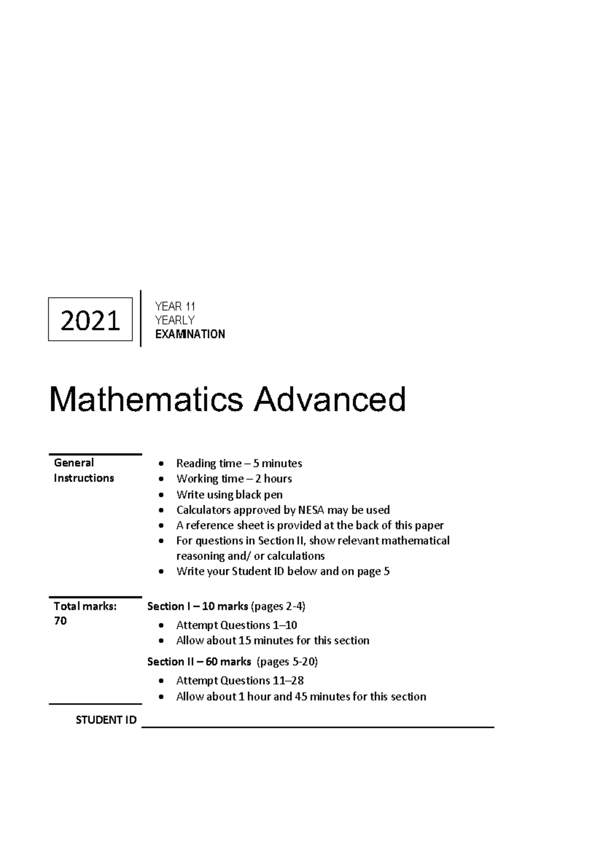 2021 Yr 11 Mathematics Advanced Yearly Exam Instructions & Questions ...