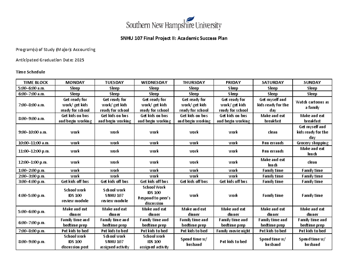 SNHU 107 Final Project II Academic Success Plan - Sleep Sleep Sleep ...