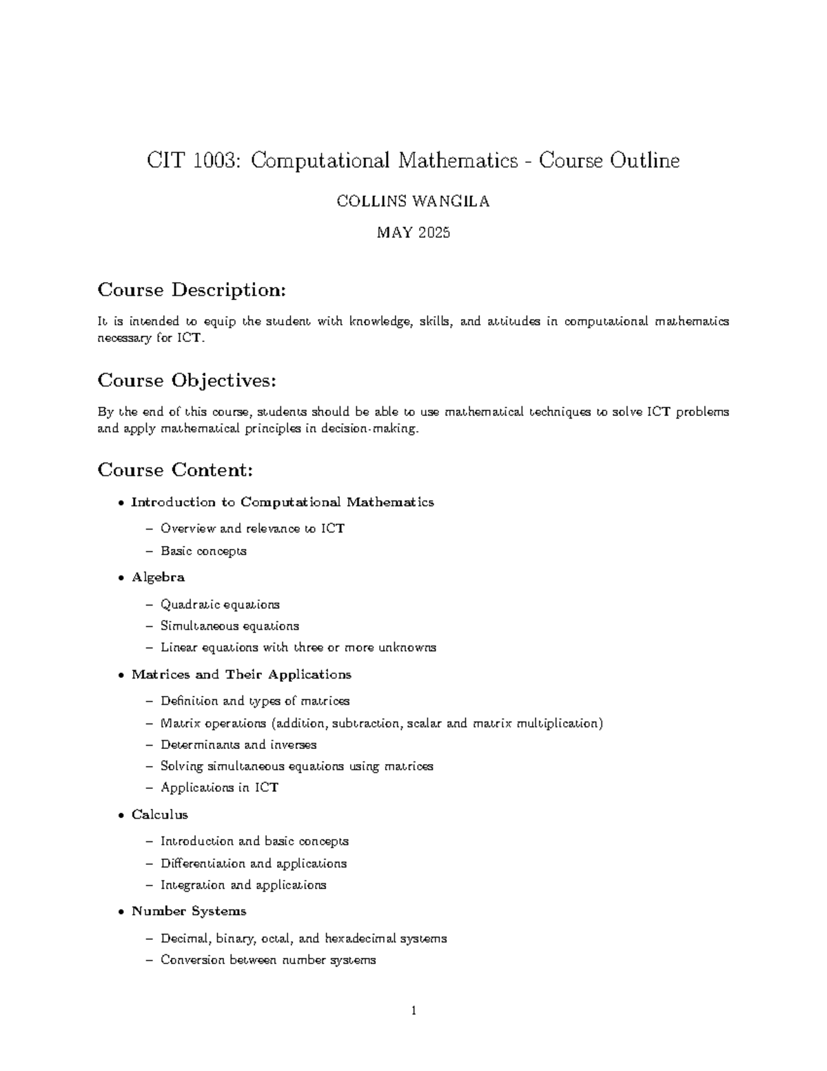 CIT 1003: Computational Mathematics Course Outline - May 2025 - Studocu