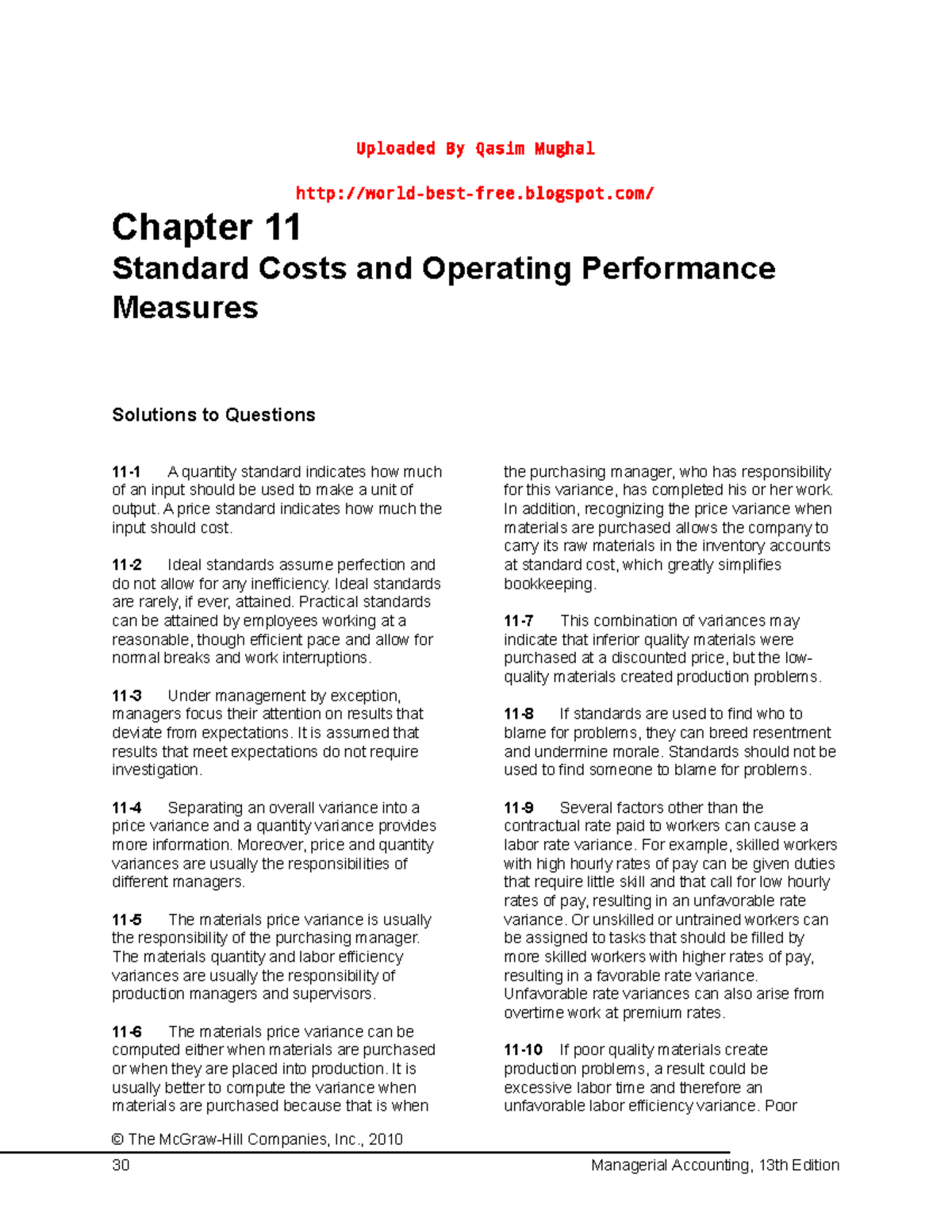 Chapter 11 Solutions on Standard Costs & Performance - Managerial ...