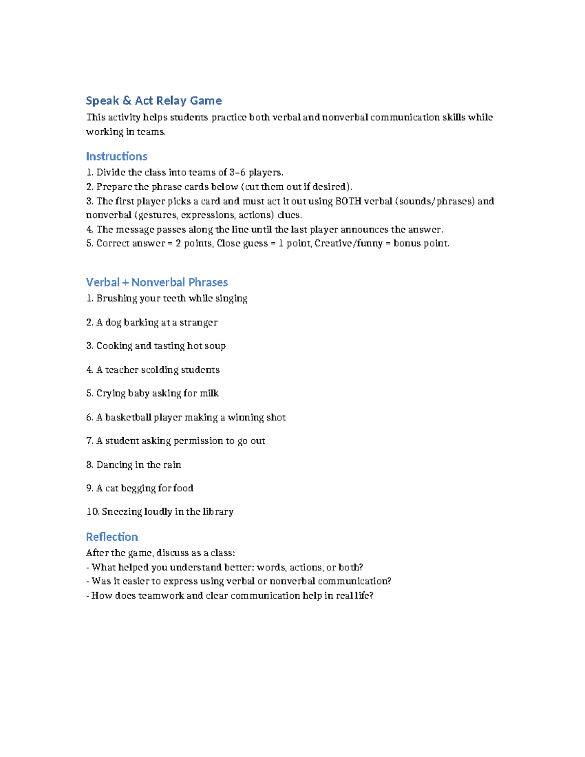 ENG 101: Speak and Act Relay Game for Communication Skills - Studocu