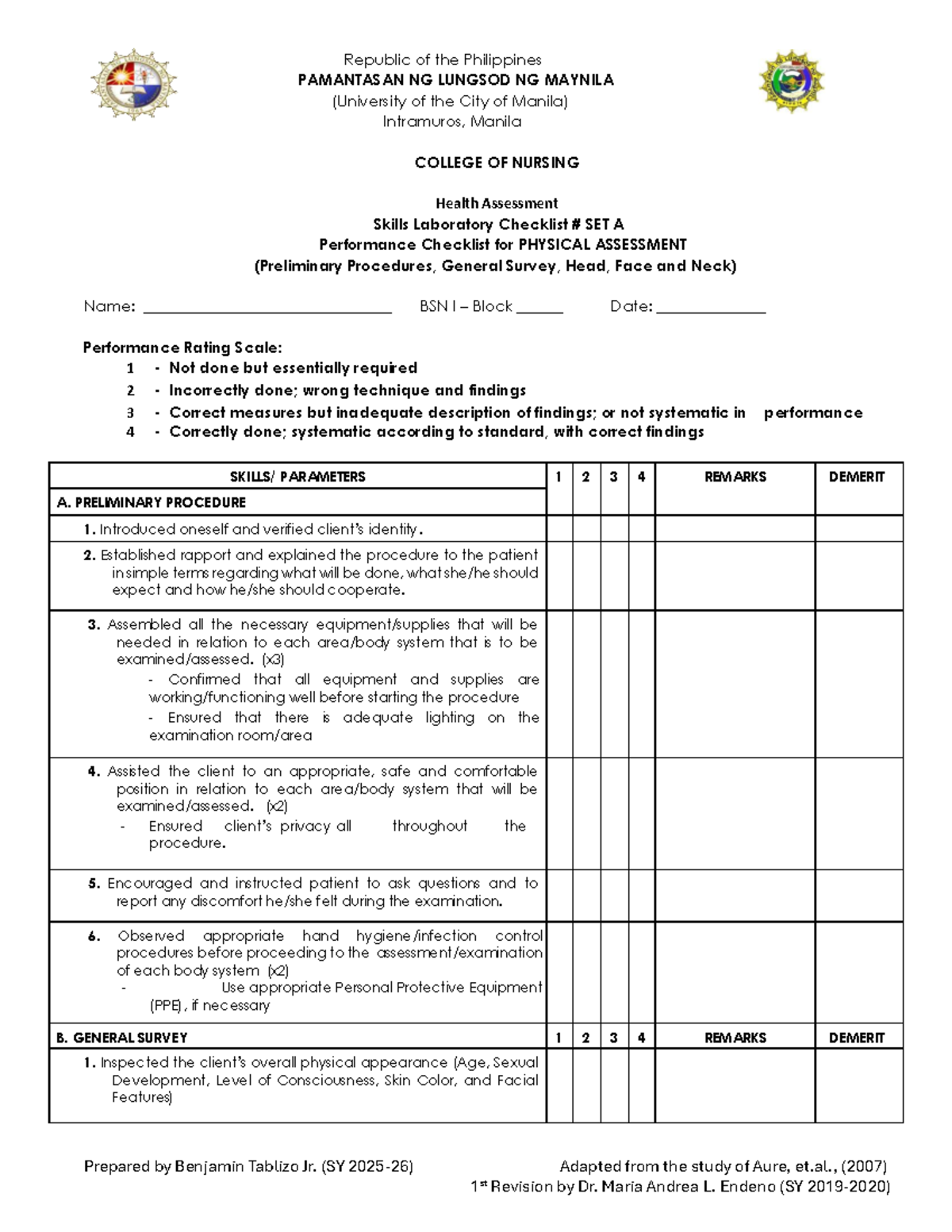 Physical Assessment Skills Lab Checklist Set A for BSN I (2026) - Studocu