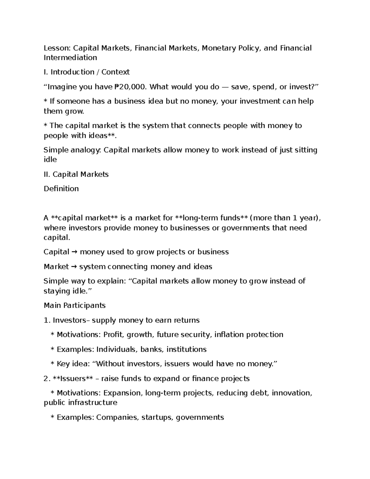 Lesson: Capital Markets Overview and Monetary Policy Insights - Studocu