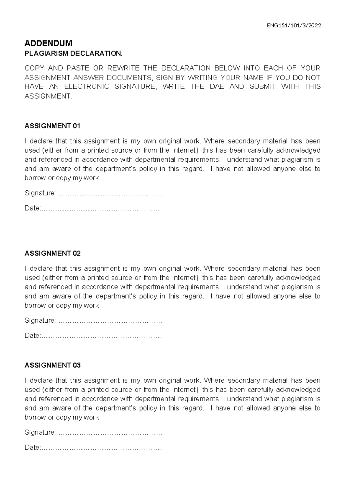 Assignment Declaration: Plagiarism Acknowledgment for Assignments - Studocu
