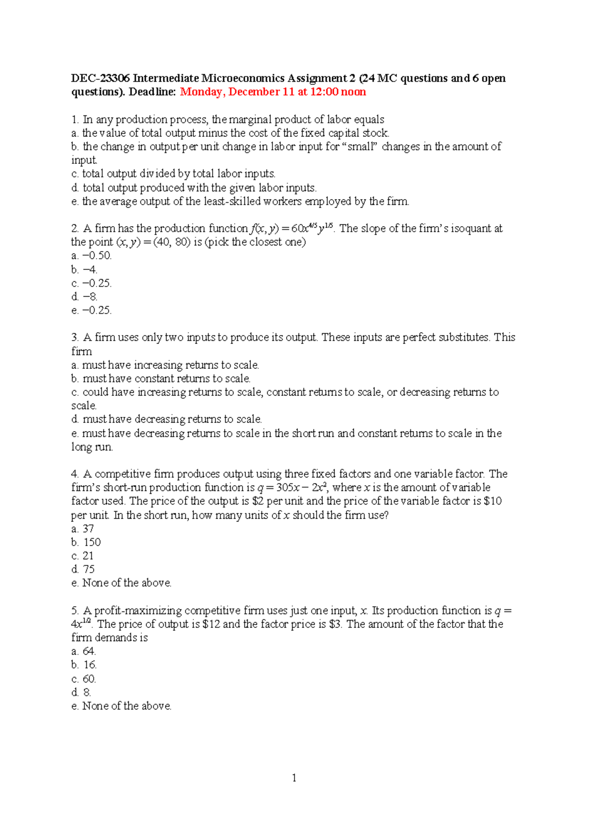 DEC-23306 Intermediate Microeconomics Assignment 2 - Lecture Notes ...